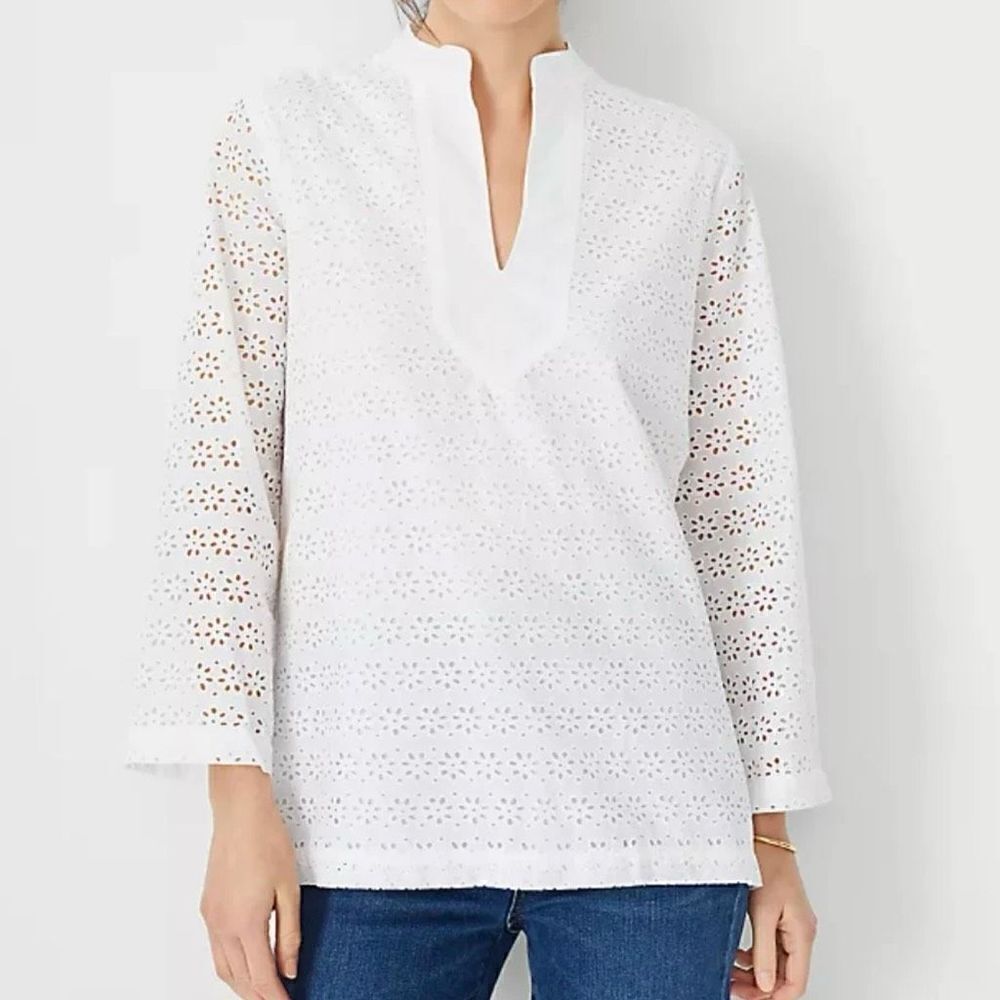 Ann Taylor Split V-Neck Eyelet Tunic Top Long Sleeve Women XS‎ White NWT